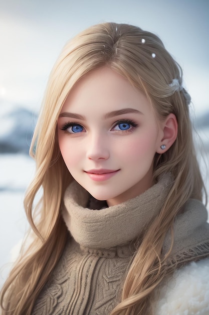 Meisje met blauwe ogen in de sneeuw.