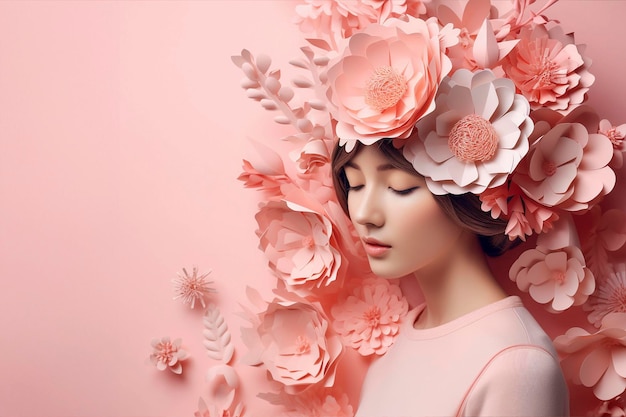 Meisje met bloemen op haar hoofd geïsoleerd op roze achtergrond in de studio 8 maart Vrouwendag