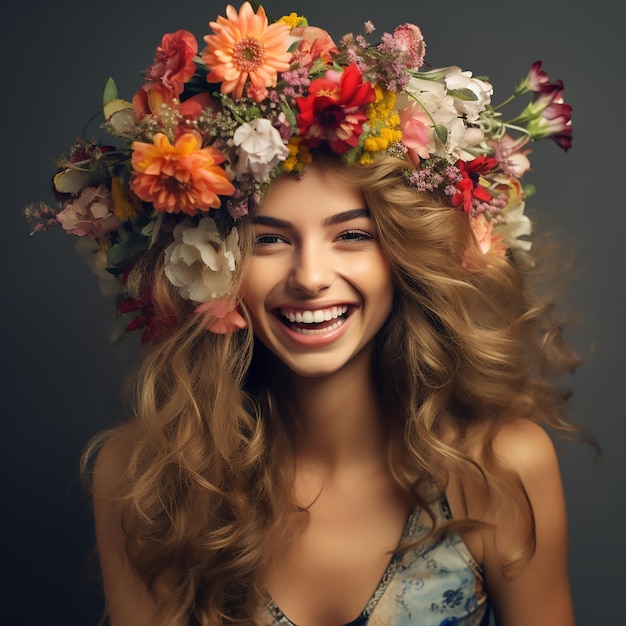 Foto meisje met bloemen op haar hoofd.