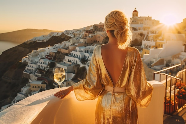 meisje met blond haar in gouden jurk met prosecco op zonsondergang Santorini Generative AI