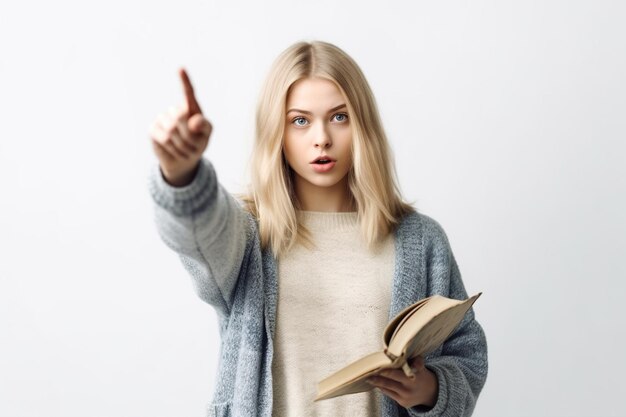 meisje met boek in haar hand wijst op witte achtergrond