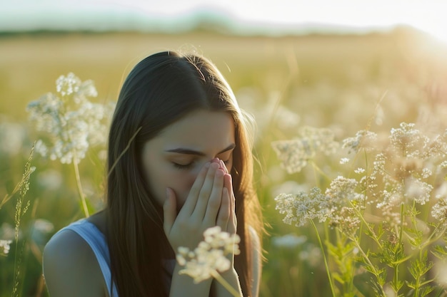 meisje met een allergie voor vegetatie in een weide