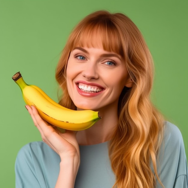 meisje met een banaan in de buurt van haar gezicht op groene achtergrond