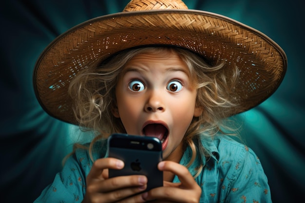 Meisje met een grappige hoed die een gezicht maakt op een smartphone in de stijl van blauwblauw en roze