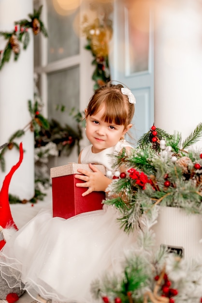 Meisje met een kerstcadeau in haar handen. Nieuwjaarsfoto