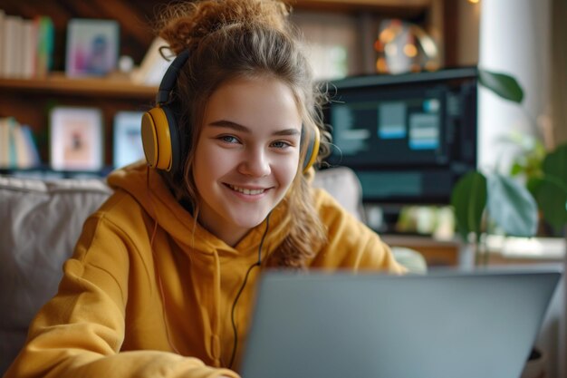 Foto meisje met een koptelefoon die thuis aan een laptop werkt met een glimlach.