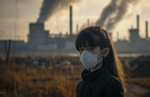 Foto meisje met een masker staat bij een fabriek met rook in een scène van milieubewustzijn luchtvervuiling en smog foto