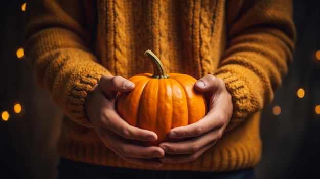 meisje met een pompoen in haar handen halloween vakantie generatieve ai