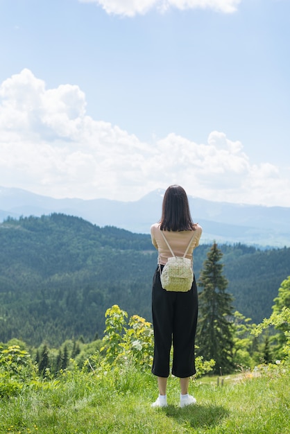 Meisje met een rugzak bevindende achtergrond van bergen en bossen. Achteraanzicht Zonnige zomerdag