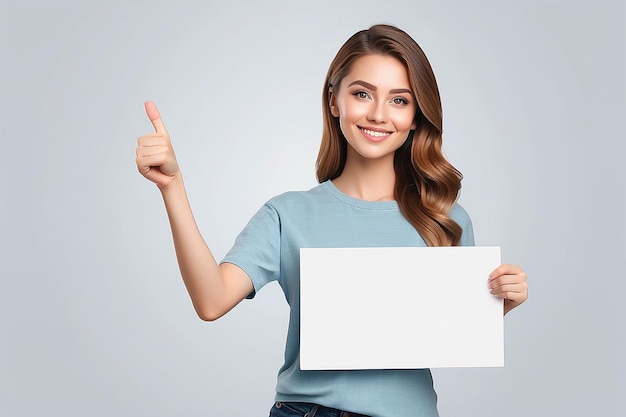 Meisje met een wit, leeg bord en een vinger die wijst Gelukkige vrouw met een leeg bord met copyspace voor uw tekst of slogan Banner poster