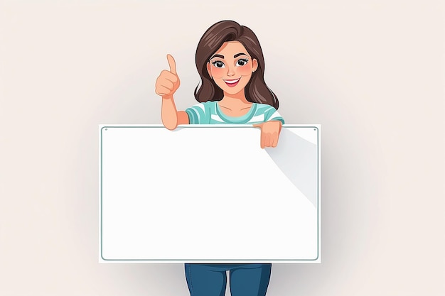 Meisje met een wit, leeg bord en een vinger die wijst Gelukkige vrouw met een leeg bord met copyspace voor uw tekst of slogan Banner poster