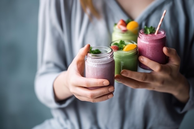 Meisje met flessen met fruit smoothie cocktail gezonde voeding generatieve ai