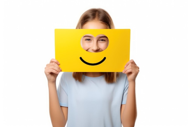 Foto meisje met glimlach emoji papier poster op een afgelegen witte achtergrond