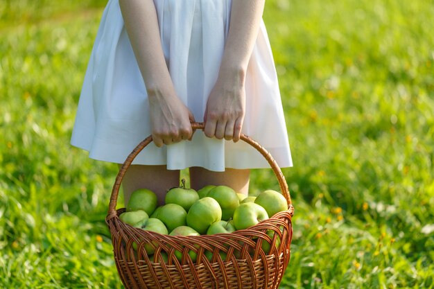 Meisje met grote manden met appels