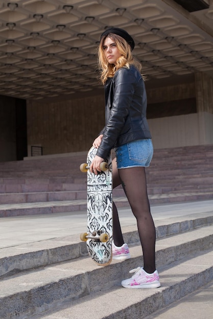 Meisje met het skateboard dat de trap op gaat en opzij kijkt