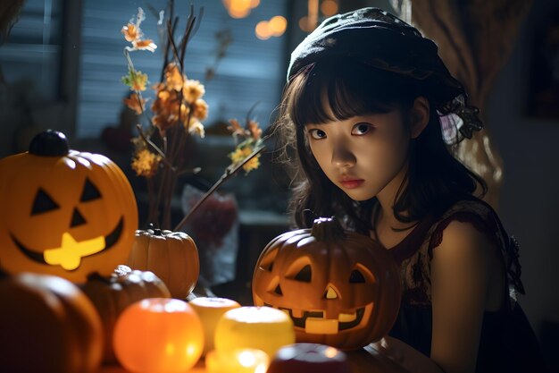 Foto meisje met jack o lantaarn pompoenen decoratie halloween feest achtergrond