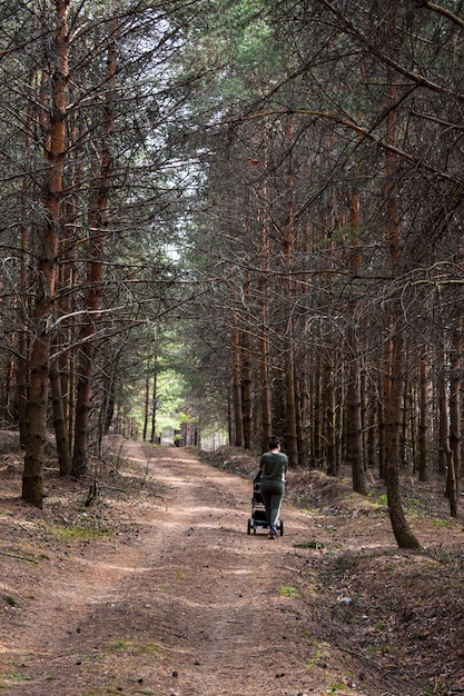 Meisje met kinderwagen loopt in het bos