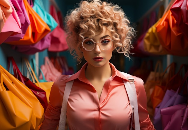 Meisje met krullend blond haar en ronde bril staat in de winkel met kleurrijke zakken portret van blond meisje met bril en roze blouse