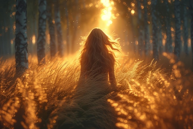 Meisje met lang blond haar zit in een veld van hoog gras bij zonsondergang