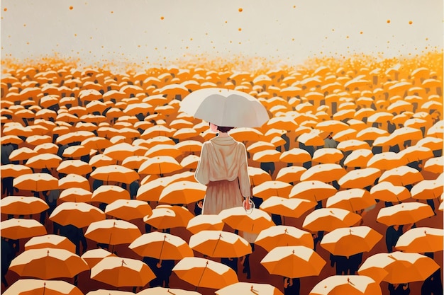 Meisje met paraplu Vrouw met witte paraplu die zich onder vele oranje paraplu's bevindt Digitale kunststijl illustratie het schilderen