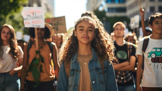 Meisje met protestbord op jeugdtop om het belang van jeugdactivisme te benadrukken