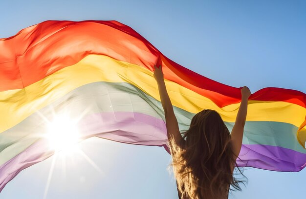 Meisje met regenboogvlag Concept van LGBT-trots AI gegenereerd