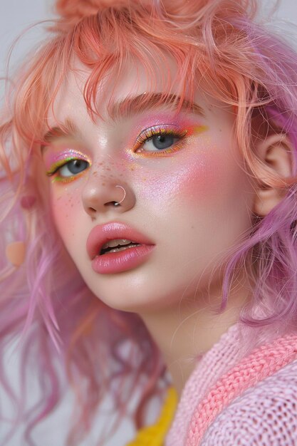 Meisje met roze haar en regenboog make-up