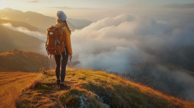 Meisje met rugzak op de bergtop op zoek naar een prachtige bergvallei in mist bij zonsondergang in de herfst