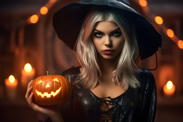 meisje met suiker schedel make-up in heks halloween kostuum heksen hoed met pompoen Jack O lantaarns