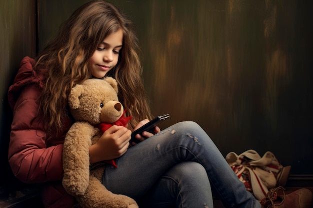 Meisje met teddybeer en smartphone Vroege en huidige plezier