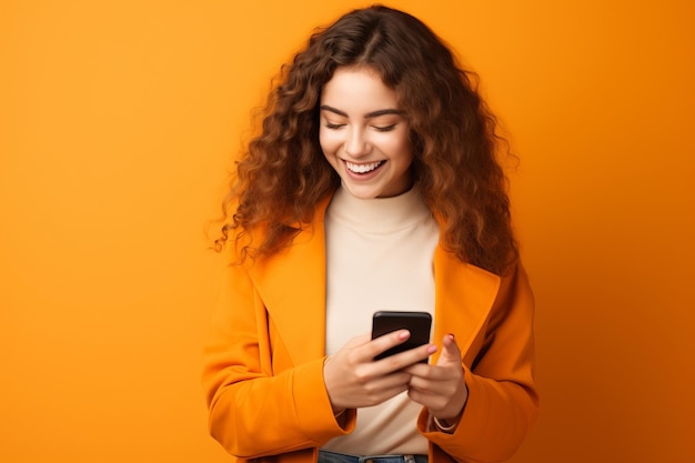 Meisje met telefoon op oranje achtergrond