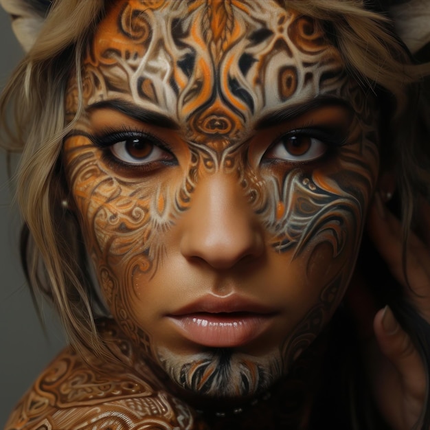 Foto meisje met tijger gezicht verf