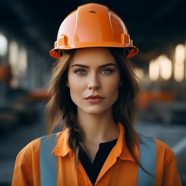 meisje met veiligheidskleding en oranje helm bouwvakker werkende meisje in de industrie AI generatief