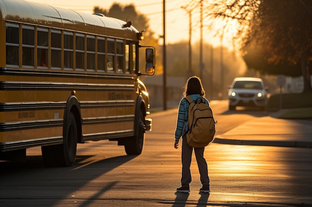 Meisje nadert de gele schoolbus Kind op weg naar school op een vroege herfstmorgen