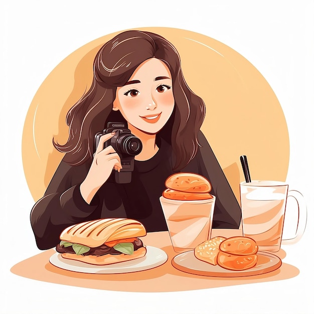Meisje neemt foto's van eten op haar camera en eet het Blogger meisje Mukbang Cartoon Generative AI