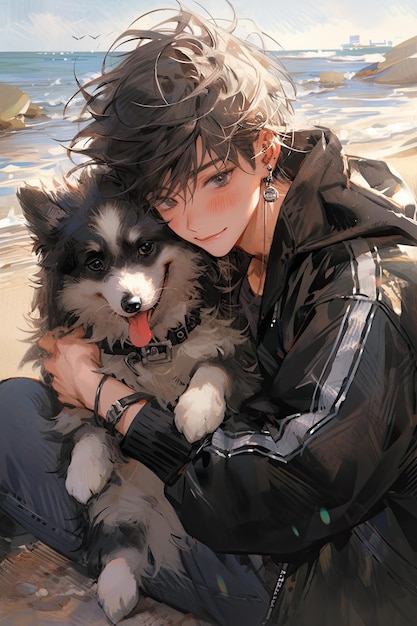 Foto meisje omhelst een grote hond aan de kust anime illustratie