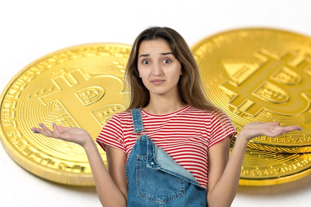 Meisje op de achtergrond van Bitcoin Nadenken over de peinzende uitdrukking van de vraag ziet er ongelovig uit