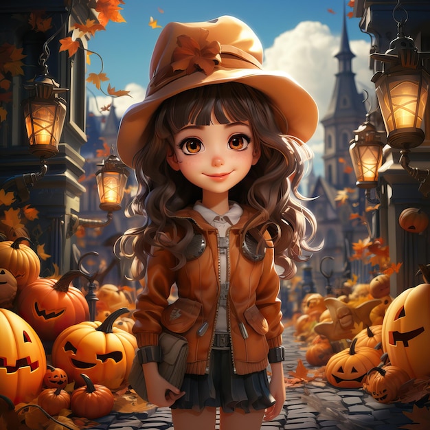 Meisje op een stadsstraat met halloween-versieringen Selectieve soft focus