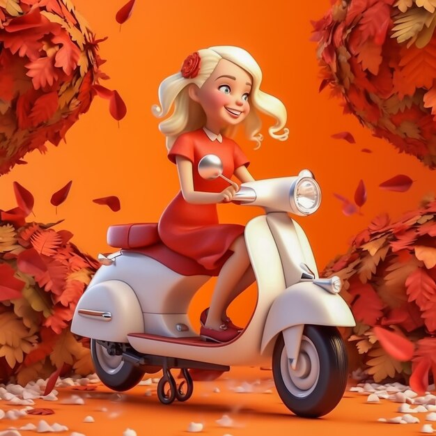 meisje op een witte scooter met herfstbladeren