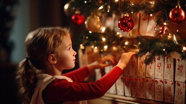 Meisje opent een adventskalender tegen een banner van hoge kwaliteit