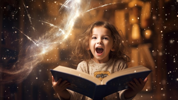 Meisje opgewonden met een geopend magisch boek met een golf van astrale magische elementen die eruit stromen Generatieve AI-afbeelding weber