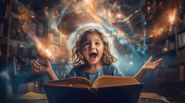 Foto meisje opgewonden met een geopend magisch boek met een golf van astrale magische elementen die uit generative ai image weber stromen