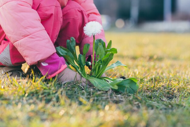 meisje plant een lentebloem