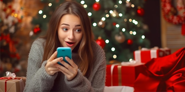 Foto meisje praat aan de telefoon op kerst achtergrond