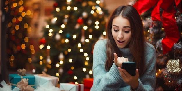 meisje praat aan de telefoon op kerst achtergrond