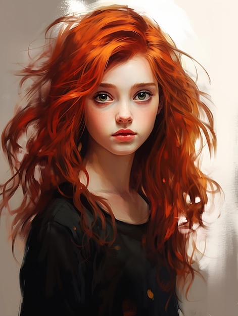 meisje rood haar zwart shirt lang oranje wild kapsel wit gezicht grote jonge vrouw