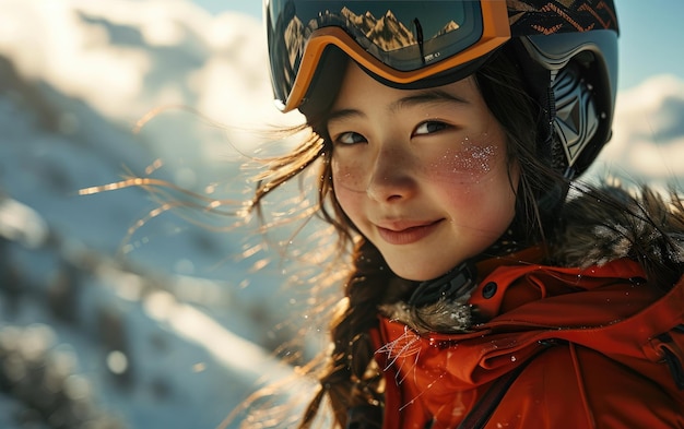 meisje skiër met ski bril en ski helm op de sneeuw berg