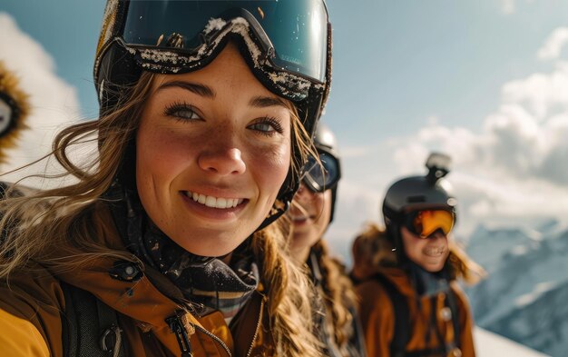 meisje skiër met vrienden met ski bril en ski helm op de sneeuw berg