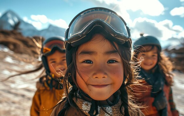 meisje skiër met vrienden met ski bril en ski helm op de sneeuw berg