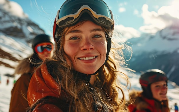 meisje skiër met vrienden met ski bril en ski helm op de sneeuw berg
